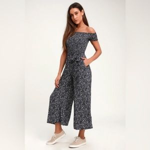 Lulu's Blue Floral Off-shoulder jumpsuit